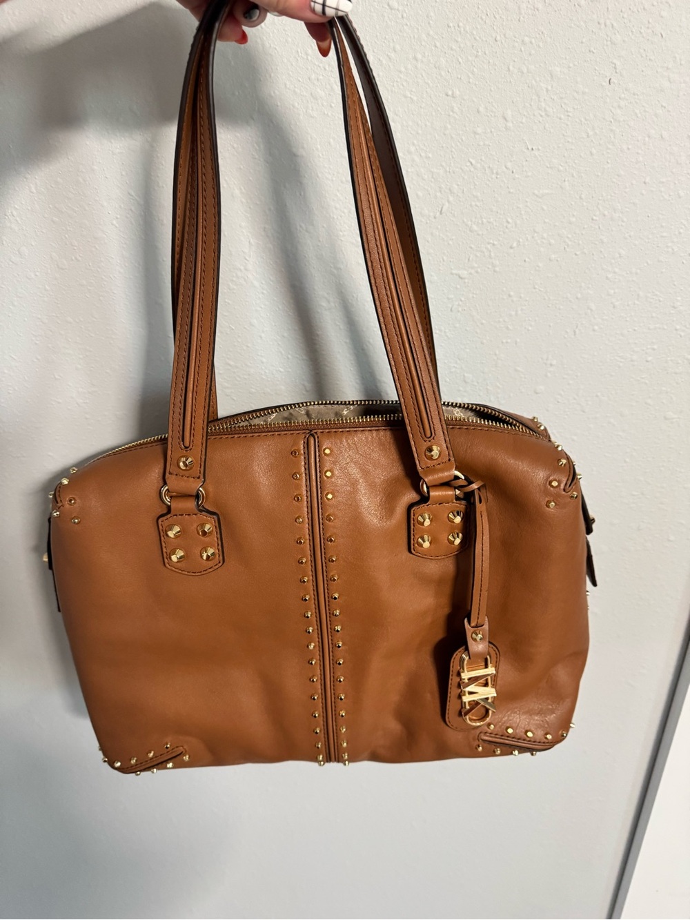 Michael Kors Tan Leather Studded Shoulder Bag with Gold Hardware